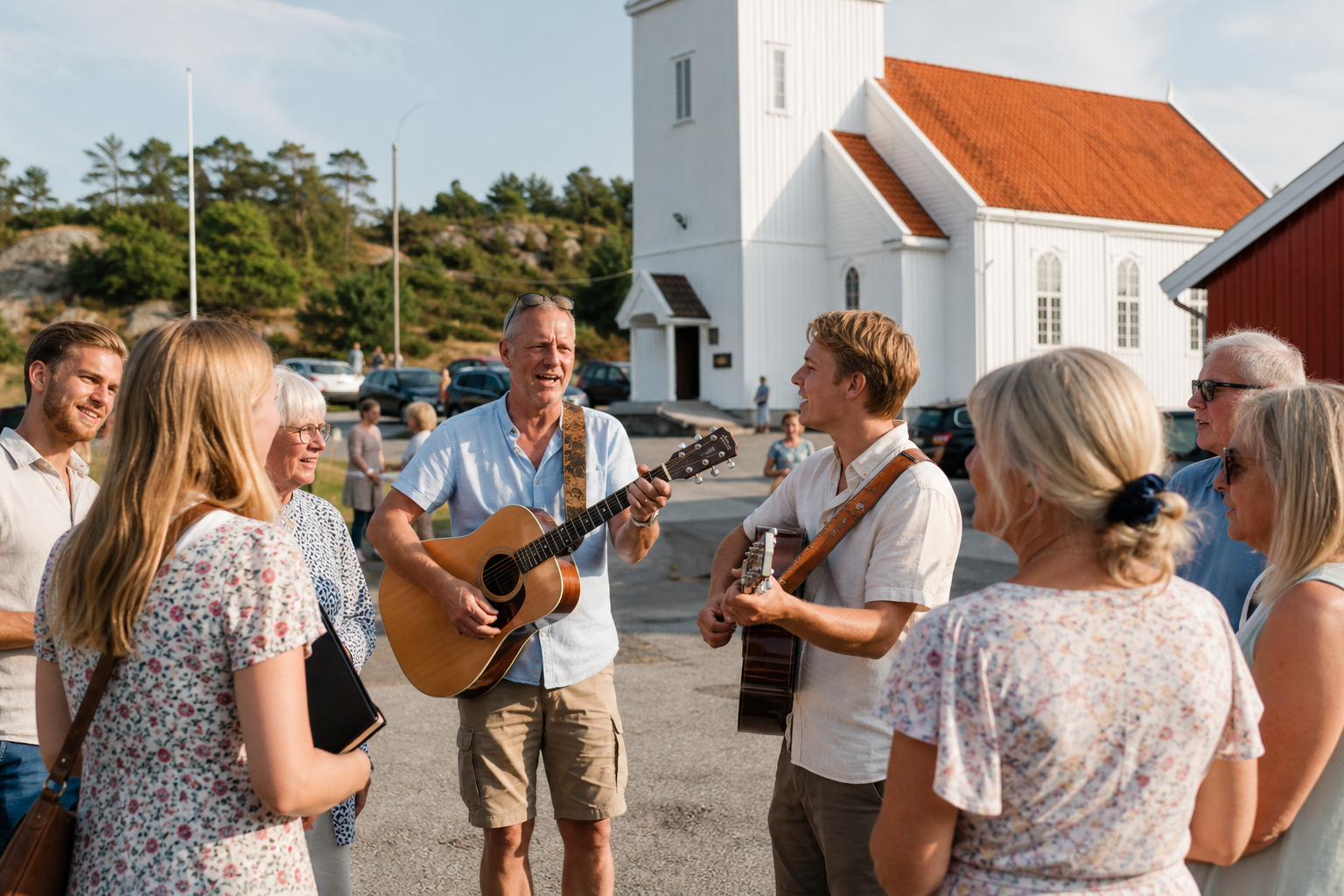 Mennesker som synger sammen utenfor en menighet på en sommerdag.