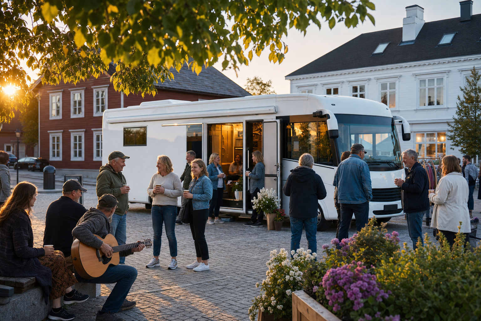 Folk samlet ved outreach-buss på et norsk torg i kveldssol.